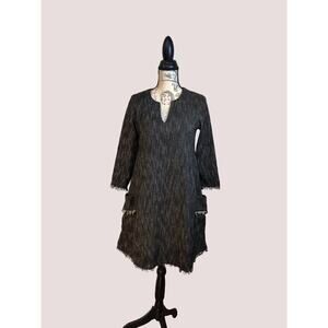 Nanette Lepore Black Tweed Long Sleeve Fringe Hem Dress Size 2 Lagenlook